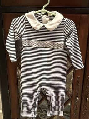 TBBC Striped Navy & White Baby One-Piece with Peter Pan Collar